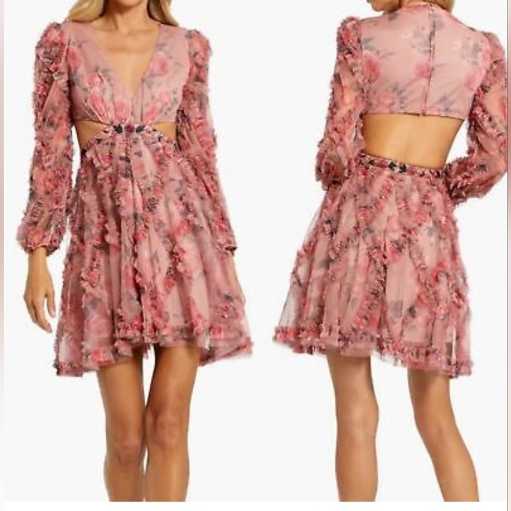Mac Duggal Long Sleeve V Neck Cut Out Mesh Mini Dress SZ 12 NWT A9151